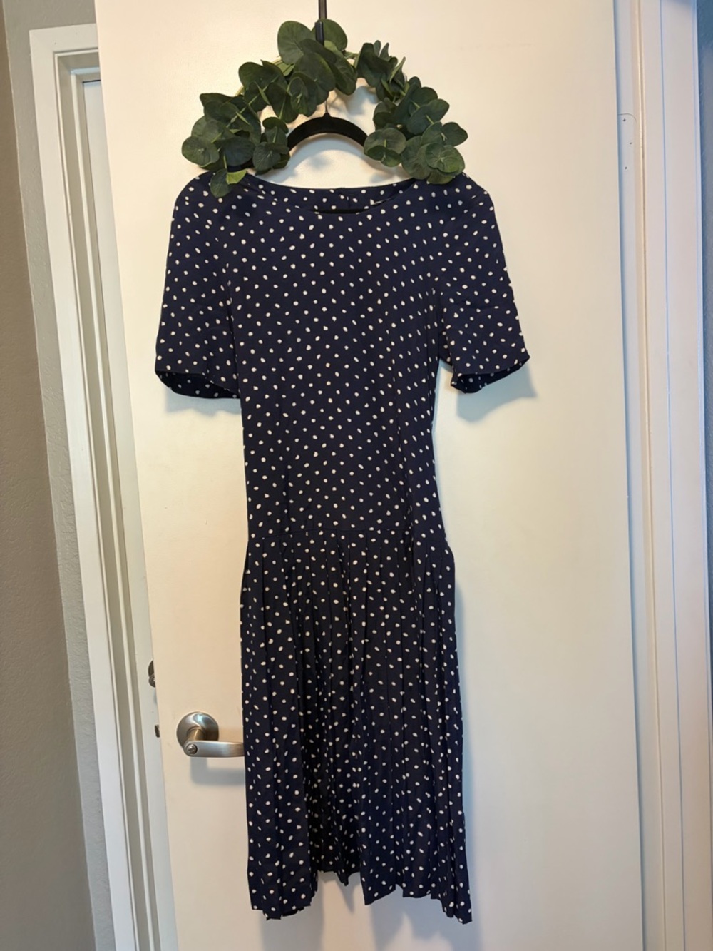 VintageNavy Polka Dot Tie-Waist Dress